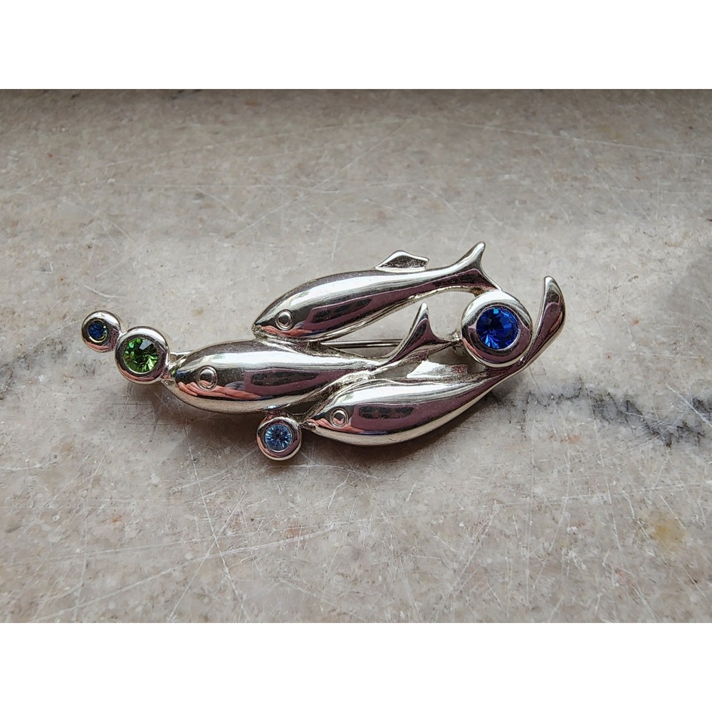 NIB Vintage Trifari Brooch Fish Green & Blue Rhinestones Silver Tone Pin Coastal - Picture 6 of 7